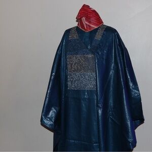 Elegant Navy Blue 3-piece Agbada/Kaftan with Red cap.